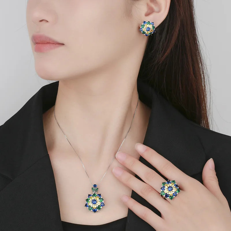 Gemfiori European and American Minimalist Zircon Earrings Necklace Ring Set Fashionable and Colorful Flower Design Jewelry