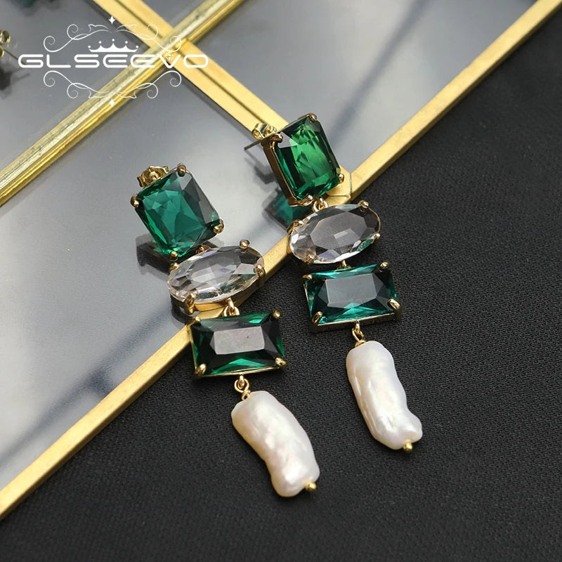 Long Natural Baroque Pearl Emerald Crystal Drop Earrings for Wife Girlfriend Birthday Gifts Fashion Designer Luxury Jewelry