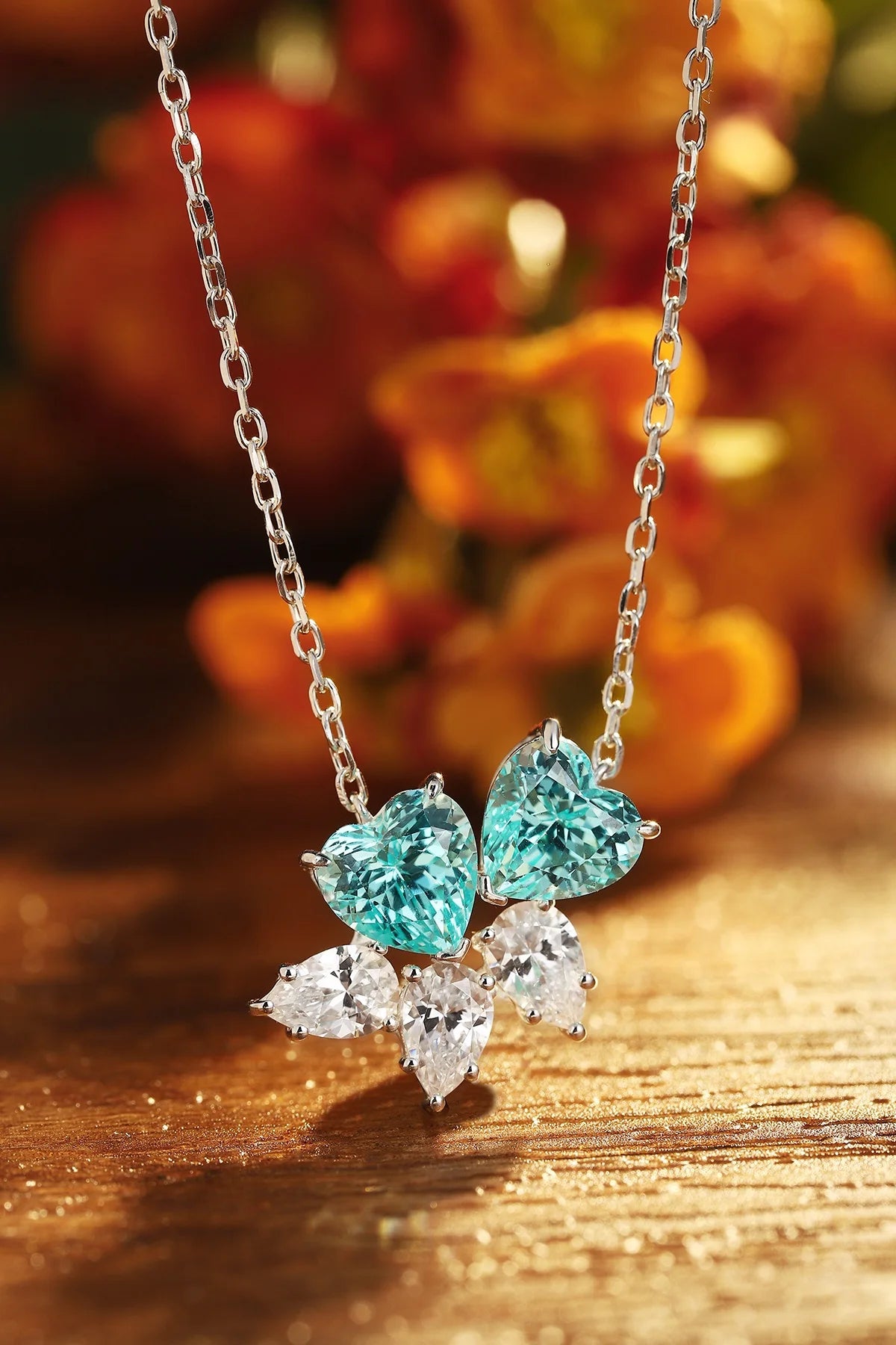 Gemfiori Anster Lab Grown Paraiba Emerald Sapphire Pendant Necklaces Double Heart Shape Chain for Women 925 Sterling Silver Necklaces