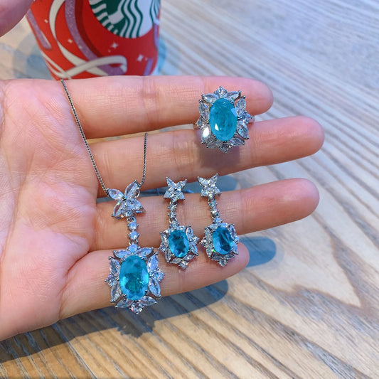 Gemfiori Personality Fashion Blue Zircon 18K Gold Plated Women's Wedding Engagement Three Piece Jewelry Set with Pendant Earrings Ring