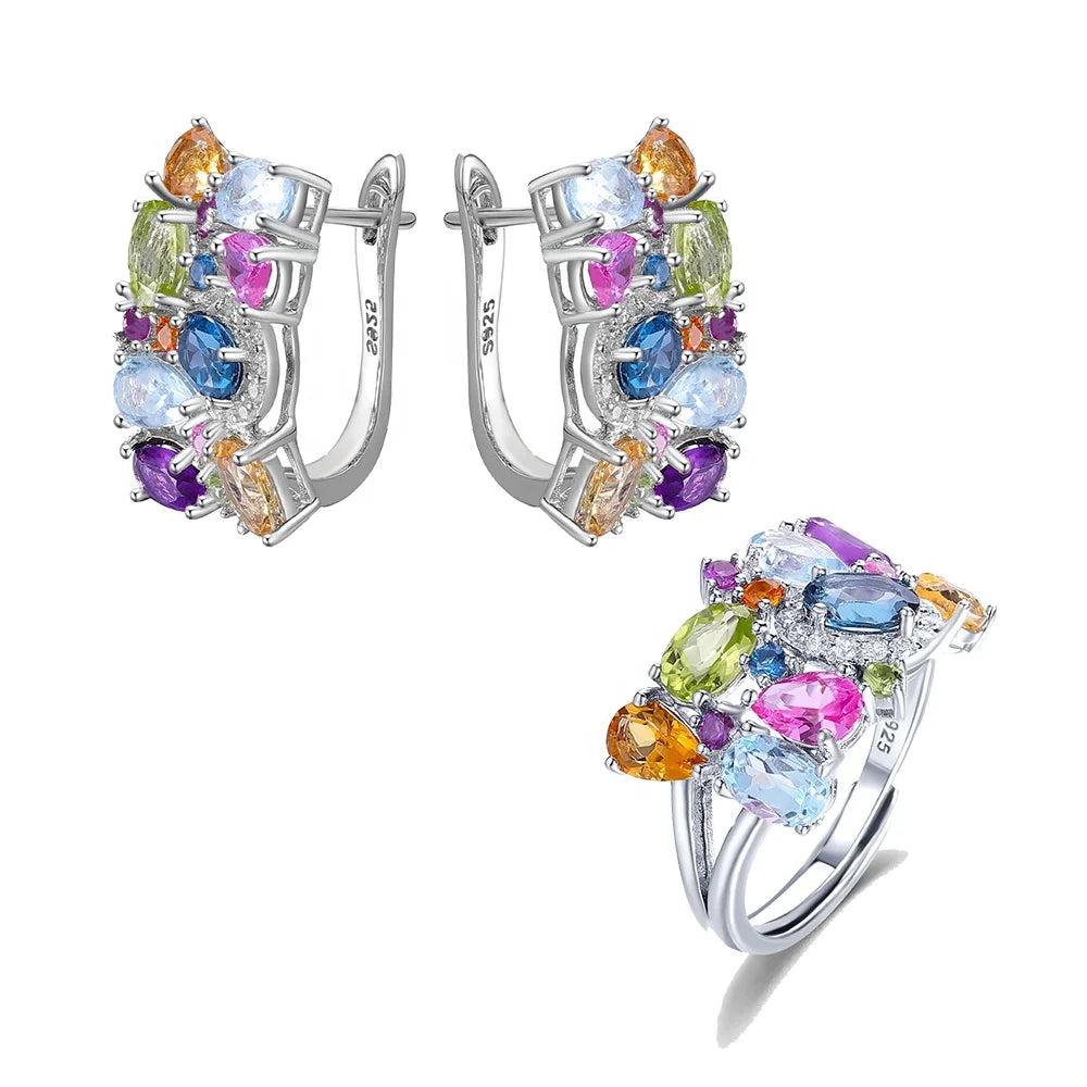 ArtistA A4014 Abding Genuine 100% 925 Sterling Silver Jewelry Set Mix Gemstone Earrings Adjustable Ring