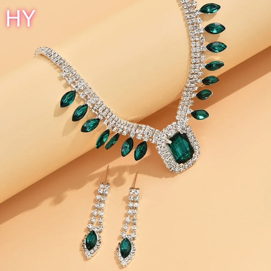 HY  Dinner Dress Crystal Rhinestone Jewelry Set Black Royal Blue Crystal Gemstone Drop Earrings Necklace Set for Women