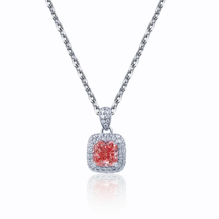 Gemfiori Stock Diamond Jewelry MSN-715 PT950 Luxury Pendant Necklace 0.83CT VS2 Cushion Cut Pink Lab Grown Diamond Necklace