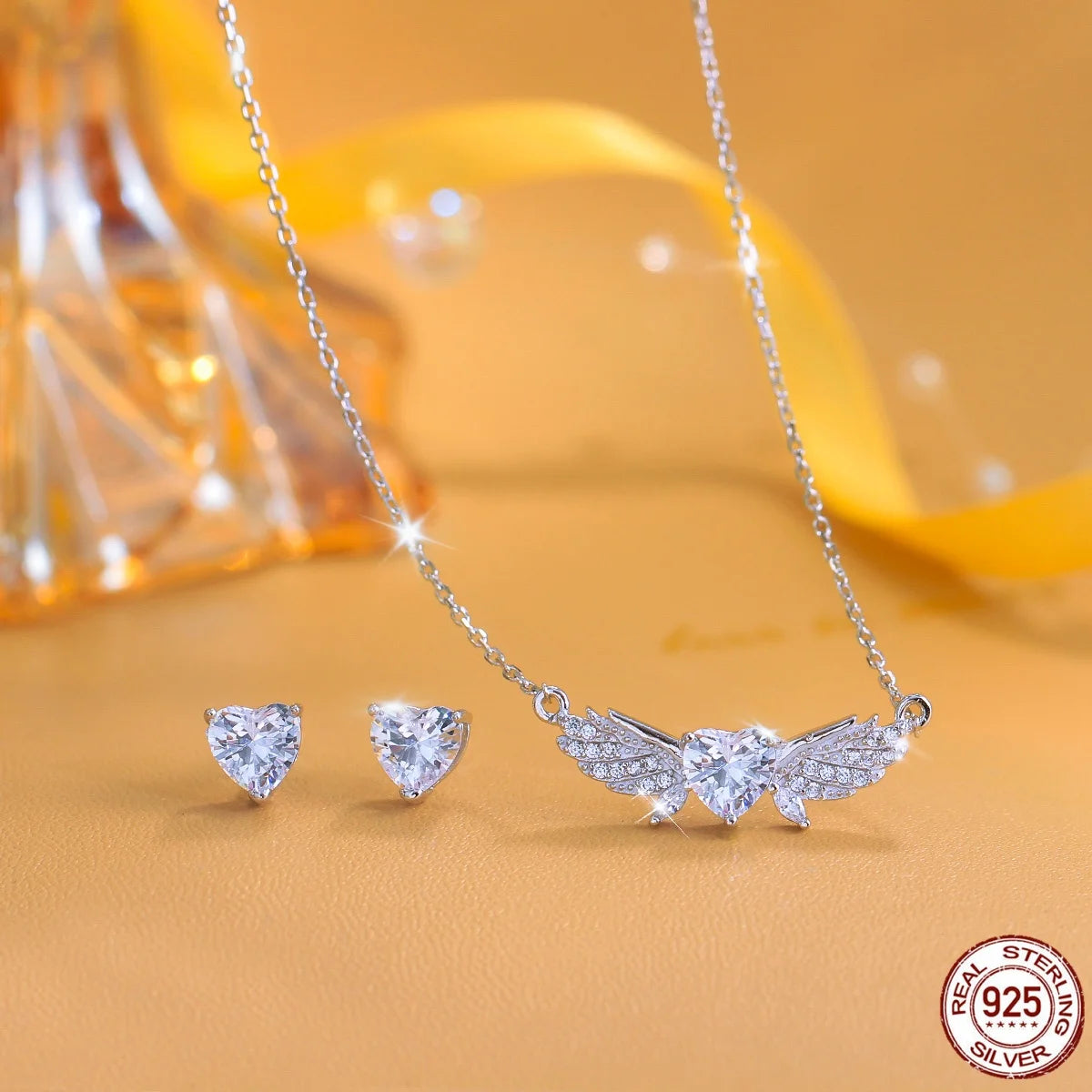 S&S Heart & Feather CZ Pendant & Earrings Set – 925 Sterling Silver – Rhodium Plated – Collection