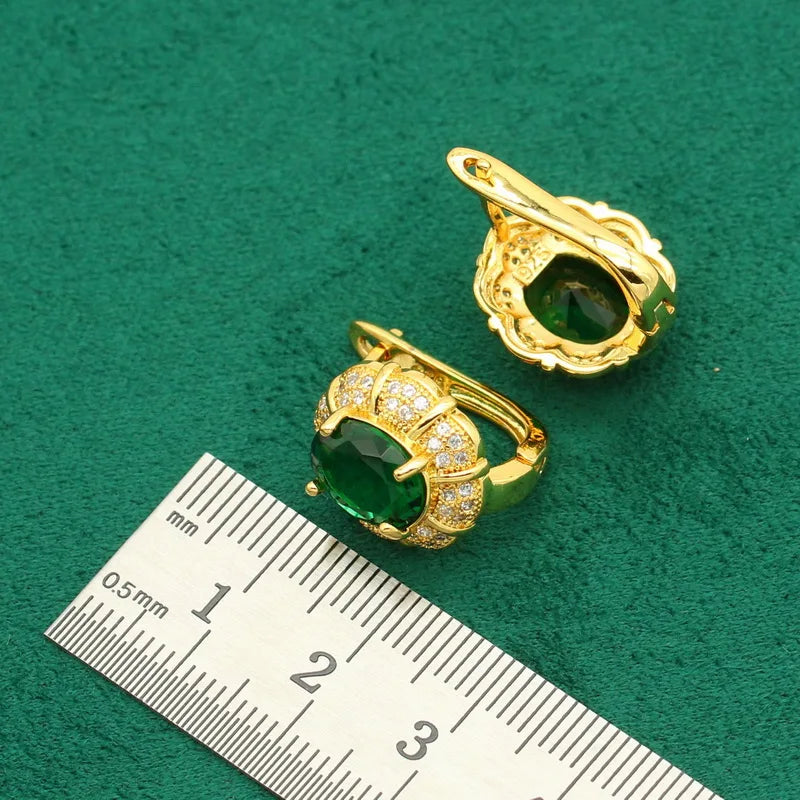 XOTICA Women's Gold Plated Wedding Jewelry Set Green Blue Emerald Including Hoop Earrings Bracelet Pendant Necklace Ring for Parties
