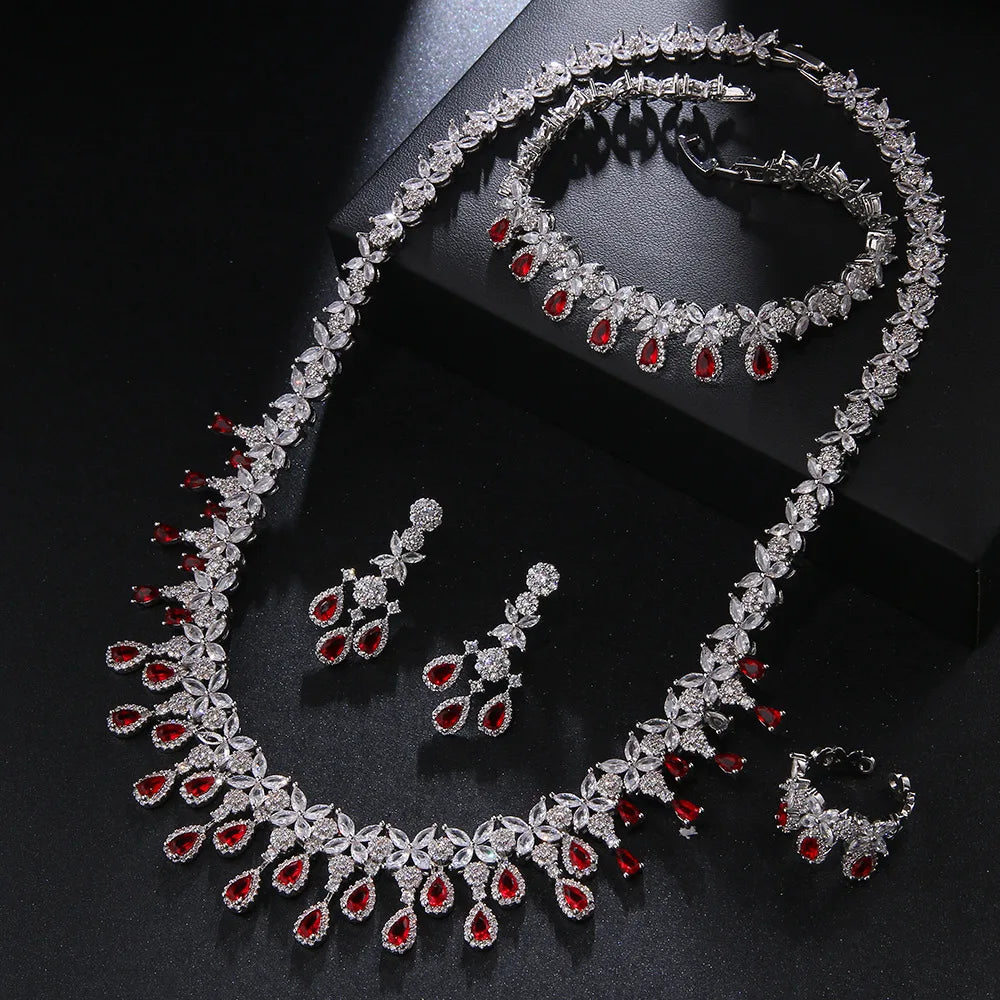 Luxury Pear-Cut Zirconia Teardrop Floral 4-Piece Necklace, Earrings, Ring & Bracelet Bridal Set — Rhodium Plated