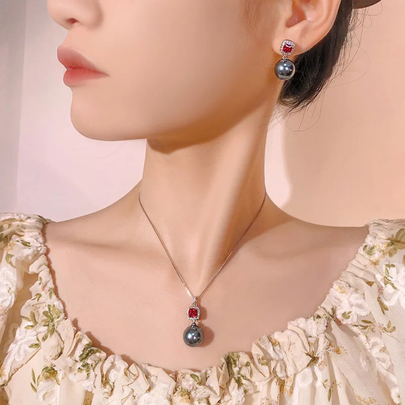 Gemfiori 2025 New Jewelry Brass Plated High Quality Grey Pearl Pendant Premium Set Holiday Gift