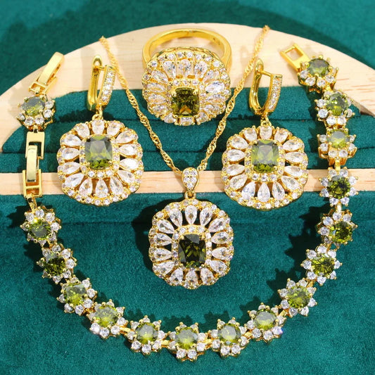 Women's Gold Color Jewelry Set Olive Green Zircon Wedding Party Necklace Pendant Bracelet Ring Birthday Gifts for Friends