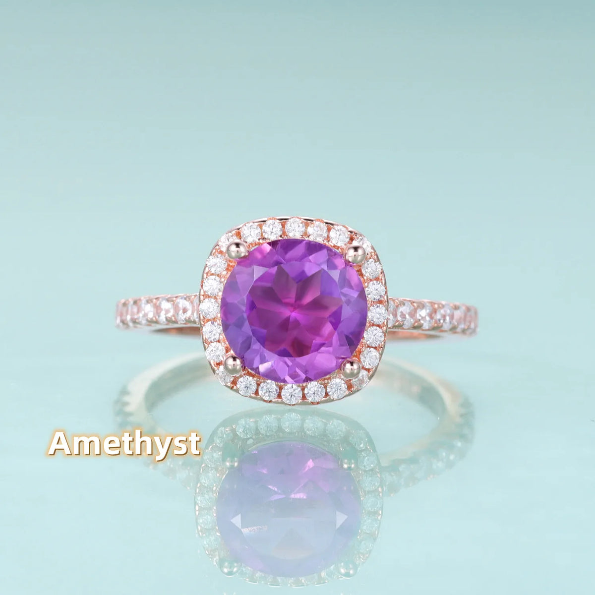 Gemfiori Custom Rose Gold Plated 925 Silver Big Stone Round 8MM Natural Moonstone Amethyst Garnet Blue Topaz Square Halo Engagement Ring