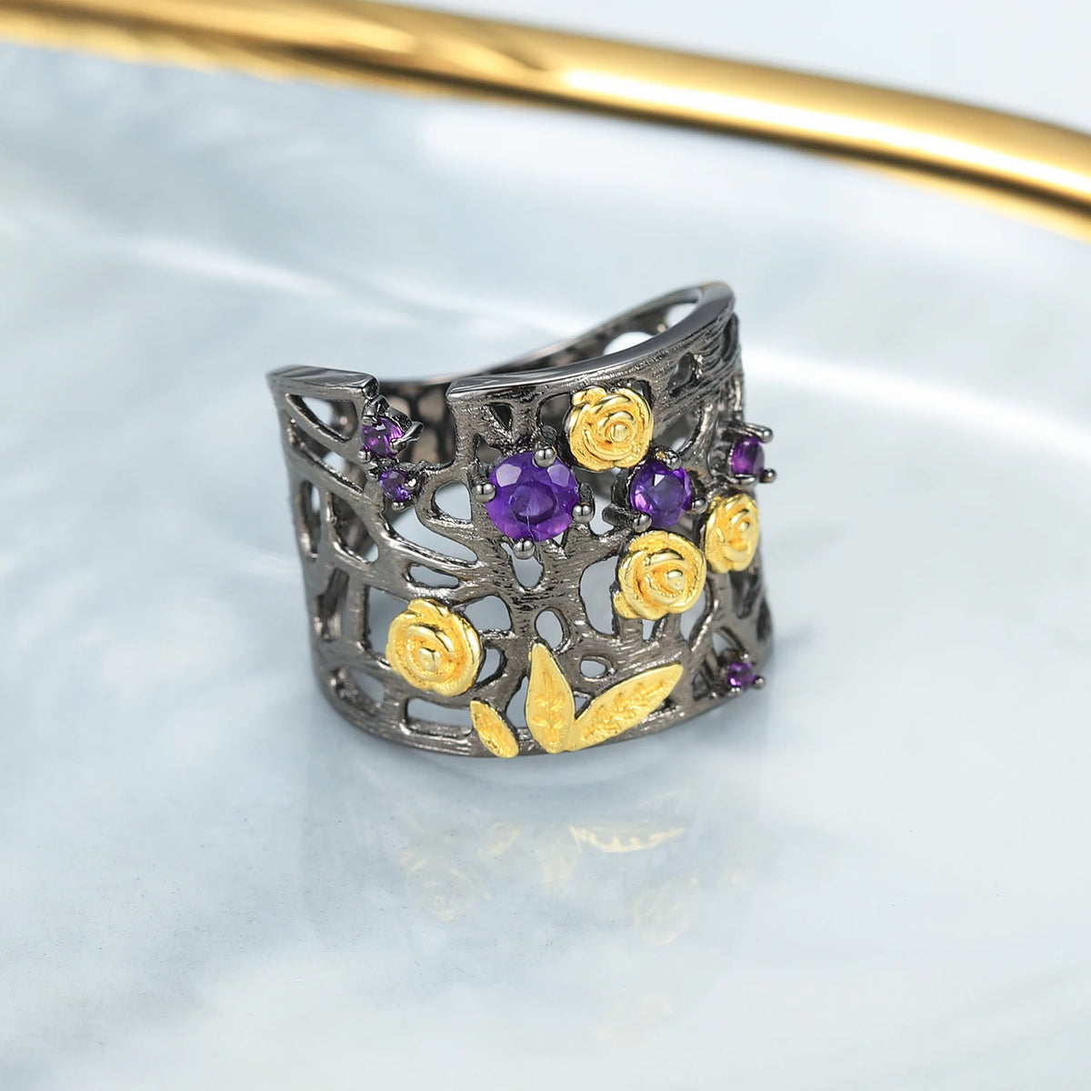 ArtistA C7937 Abiding French Vintage Amethyst Jewelry Set 925 Sterling Silver Gold Plated Midnight Rose Natural Amethyst Niche Jewelry