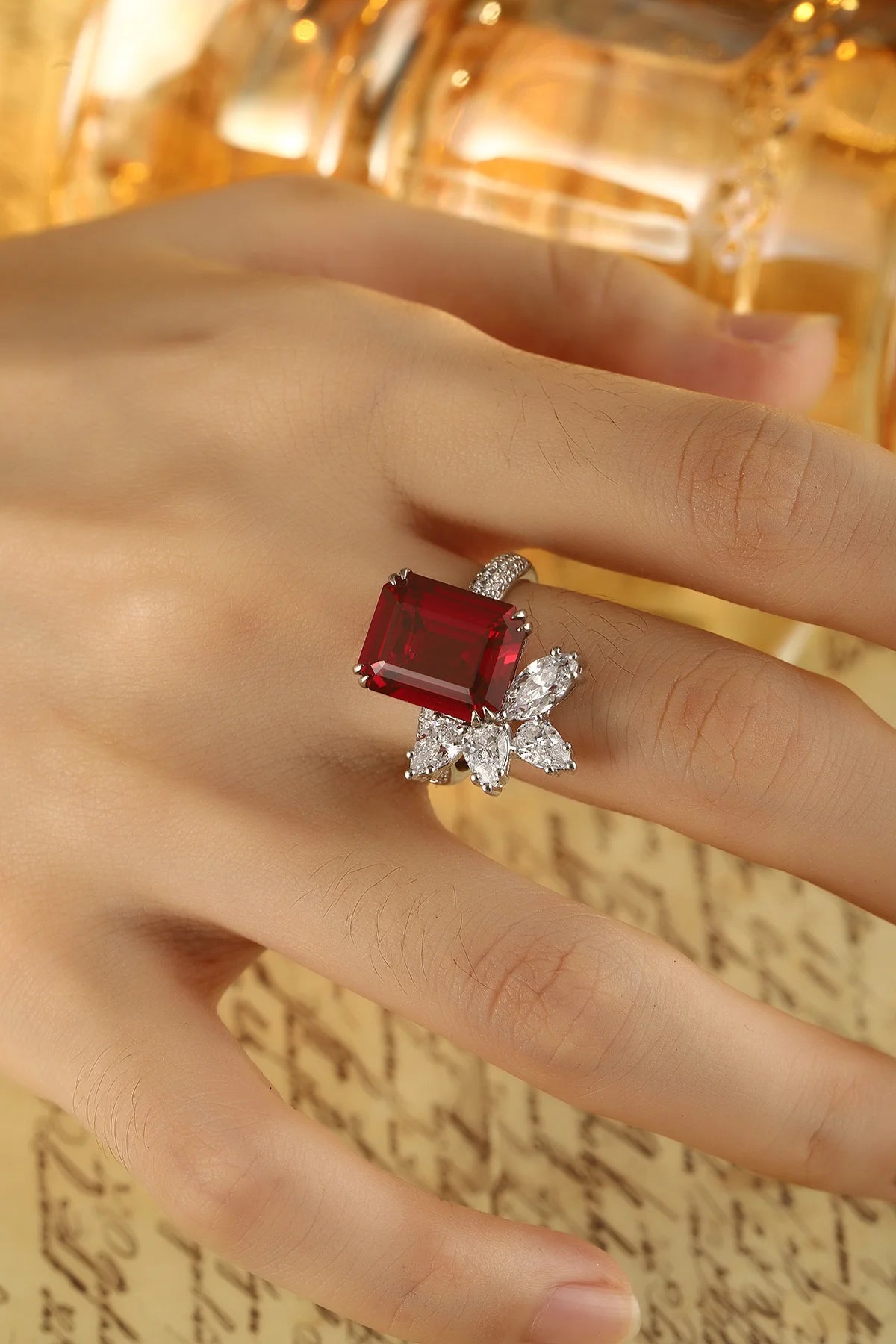 Gemfiori 8.62ct Lab Grown Pigeon Blood Ruby High End Ring Is Certified by AGL Suitable for Daily Wear Silver Luxury Lab Ruby Ring