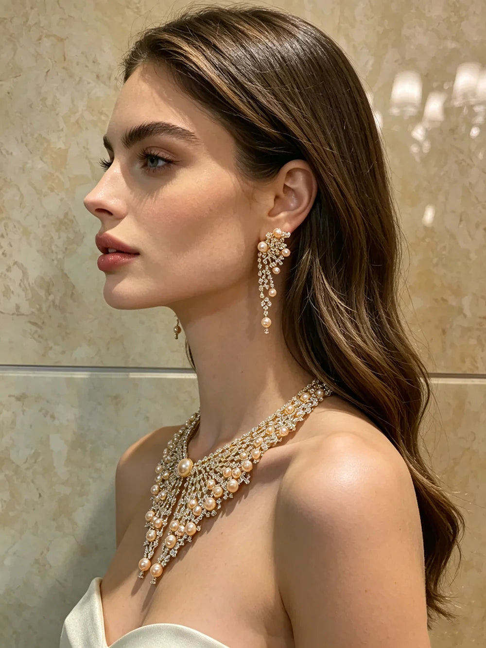 XM S424 Gold Plated Hollow Mesh Champagne Pearl & Full Paved CZ Bib Choker Necklace & Long Tassel Drop Earrings Set