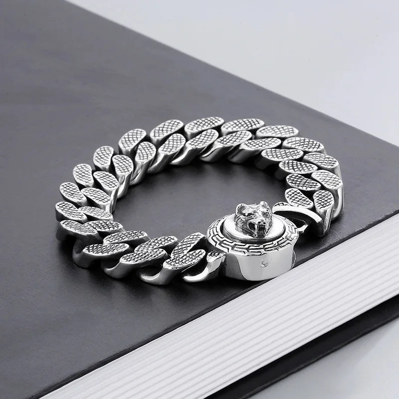 KALEN 220mm Men Punk Stainless Steel Cuban Link Bracelet With Wolf Pattern Round Clasp