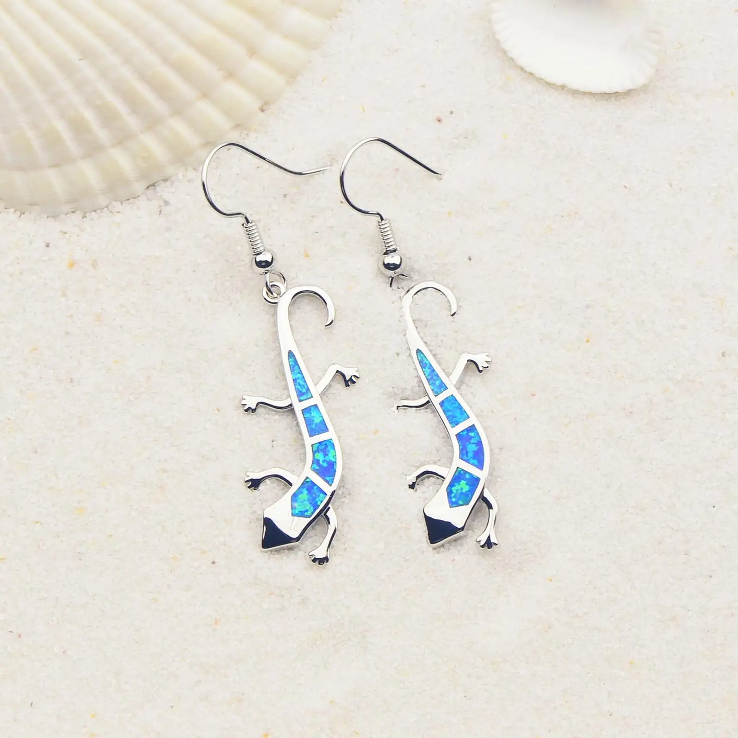 Geometric Opal Gecko Earrings - Blue Fire Opal Solitaire & CZ Accent Design | Elegant Formal Jewelry Bulk Gifts