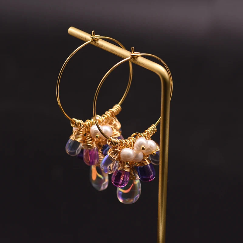 Natural Fresh Water Pearl Hoop Earrings for Women 925 Sterling Silver Colorful Tassel Drop Earrings