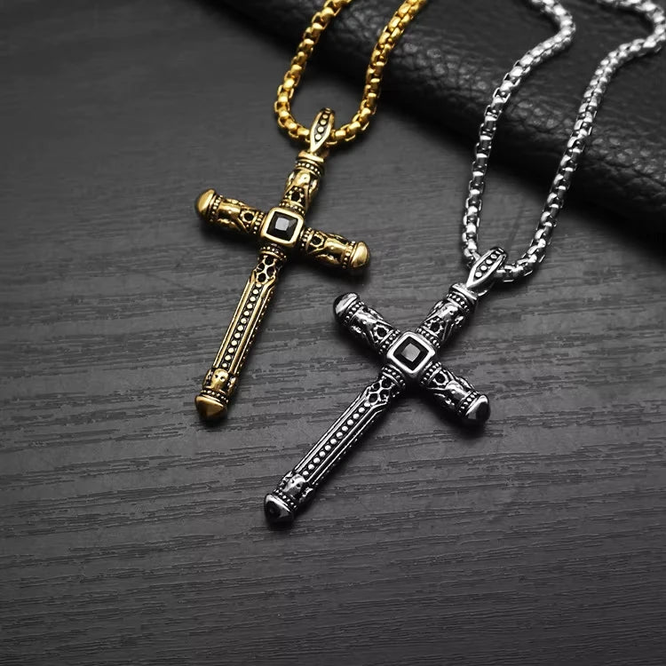 Hip Hop Punk Vintage Zircon Religious Cross WaterProof Pvd Stainless Steel Fashion Jewelry Pendant Necklaces for Men Wholesale