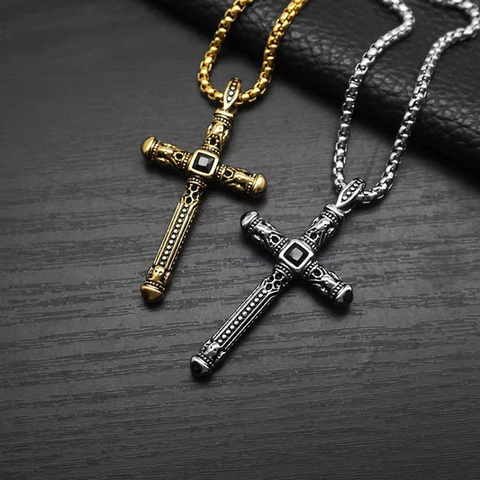 Hip Hop Punk Vintage Zircon Religious Cross WaterProof Pvd Stainless Steel Fashion Jewelry Pendant Necklaces for Men Wholesale