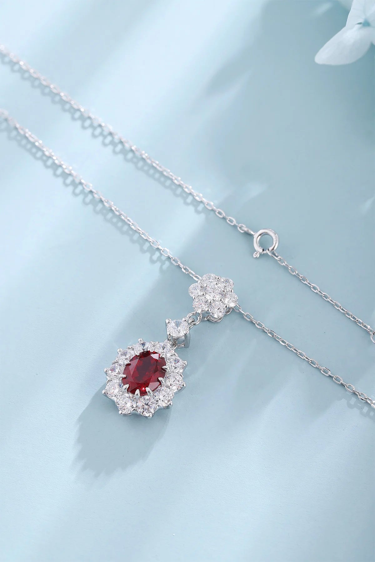 Gemfiori Vintage 3PCS/Set Rhodium Plated Lab Grown Ruby Bridal Ring Necklace Earrings Wedding Anniversary Sets for Engagement Party