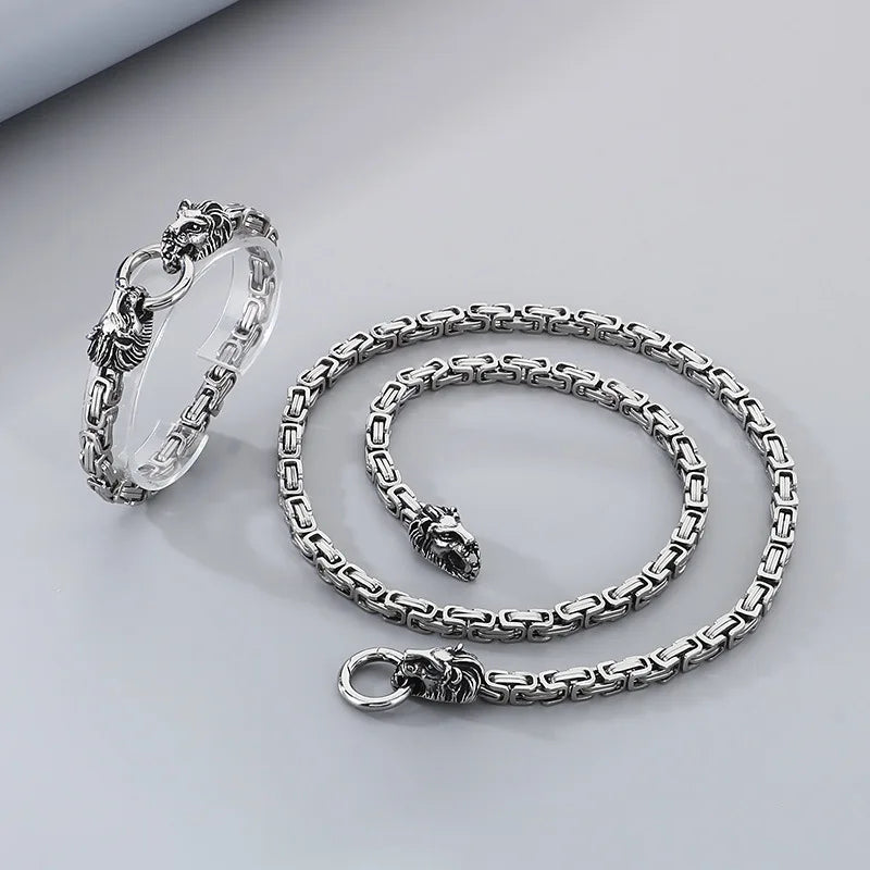 REBEL CY Hip-Hop Style Bold Lion Head Stainless Steel Bracelet Trendy Versatile Men's Imperial Chain Necklace Set Jewelry