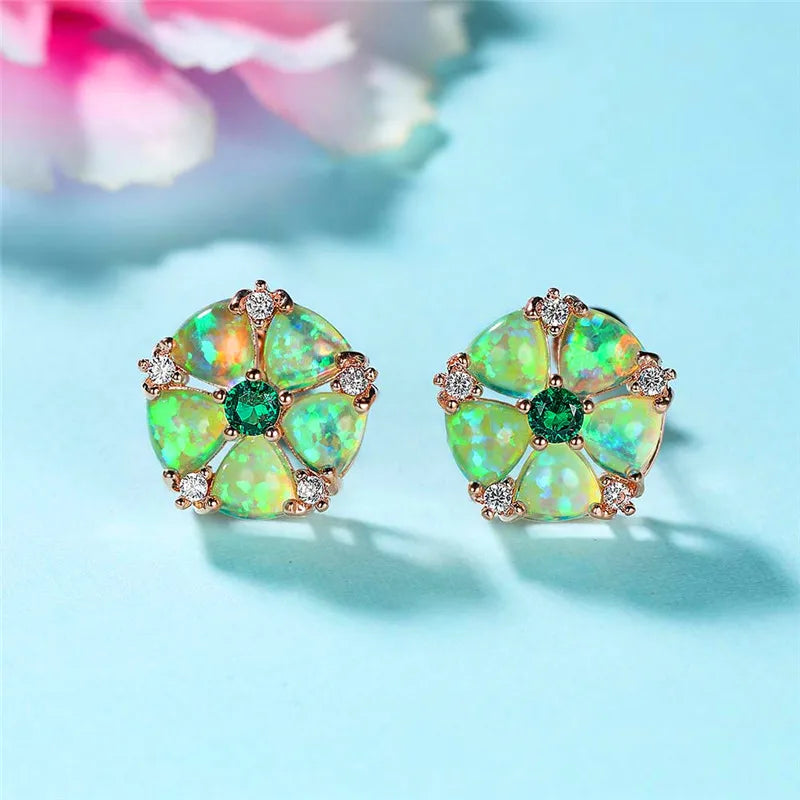 Floral Opal & Emerald Stud Earrings - Iridescent Opal Petals & Green Gem Center | Elegant Daily Jewelry Bulk Gifts