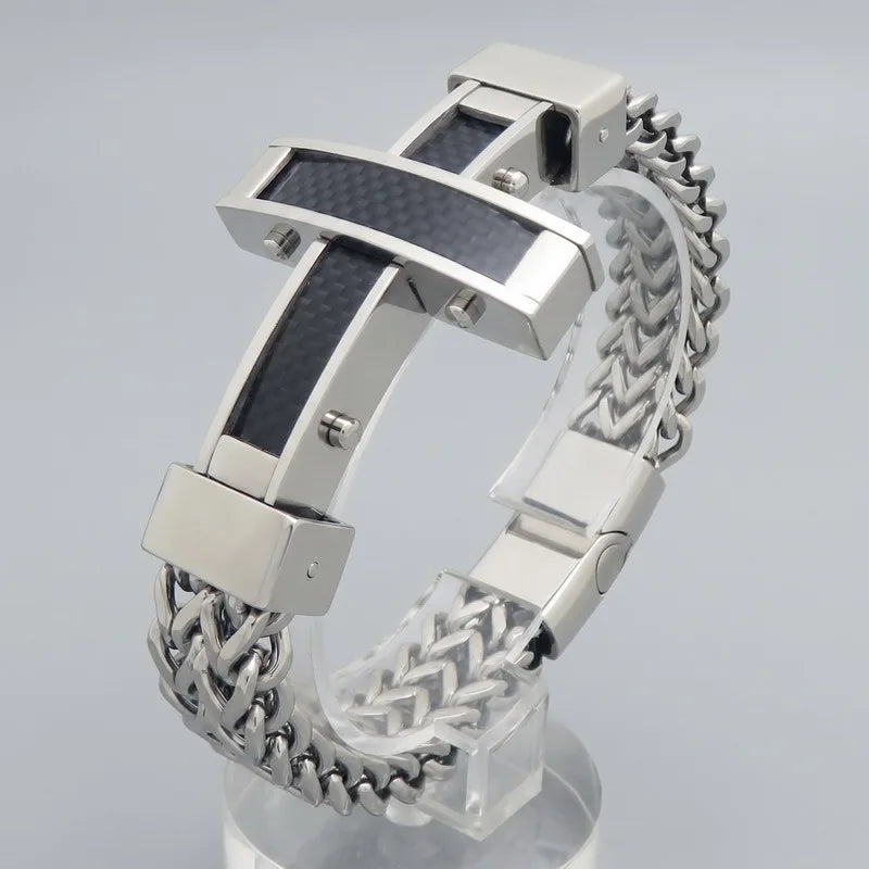 Kalen Hip-hop Luxury Unique Carbon Fiber Cross Double-Sided Chain Bracelet Magnetic Clasp Stainless Steel Men's Bracelet