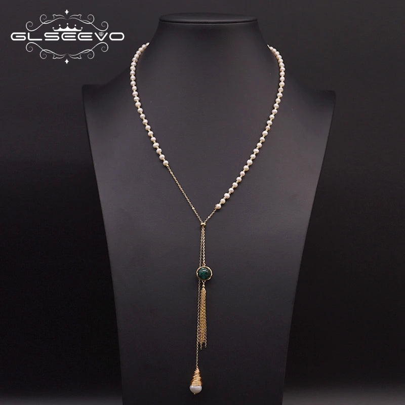 Natural Pearl Sweater Necklace for Women Bride Wedding Custom Handmade Vintage 18k Gold-Plated Long Necklace Fine Jewelry