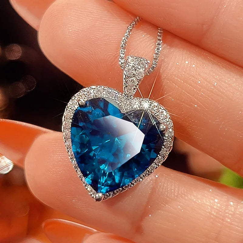 REDheart Zircon-Inlaid 18K Gold-Plated Trendy Women's Copper Bottom Simulation Blue Spike Heart Pendant Wedding Jewelry Set