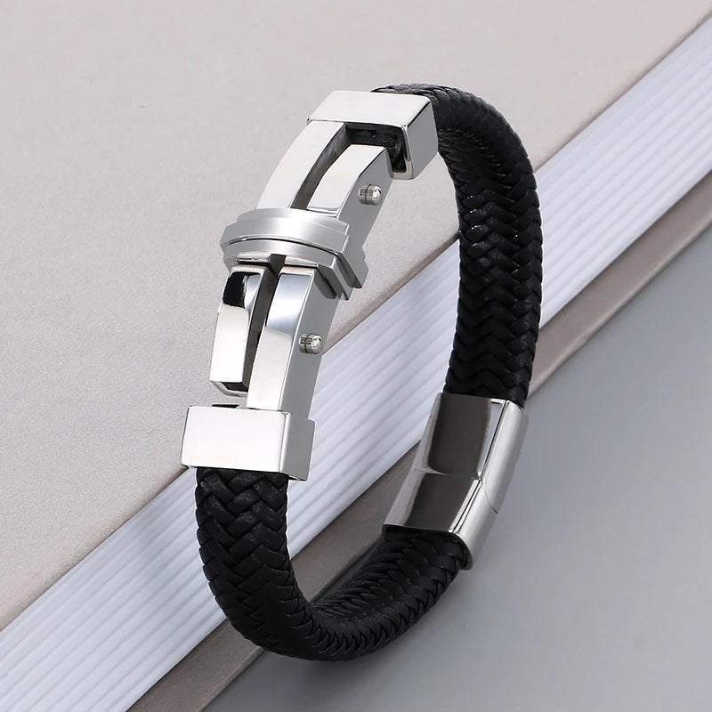 REBEL 210mm Vintage Premium Stainless Steel&Cowhide Leather Bracelet