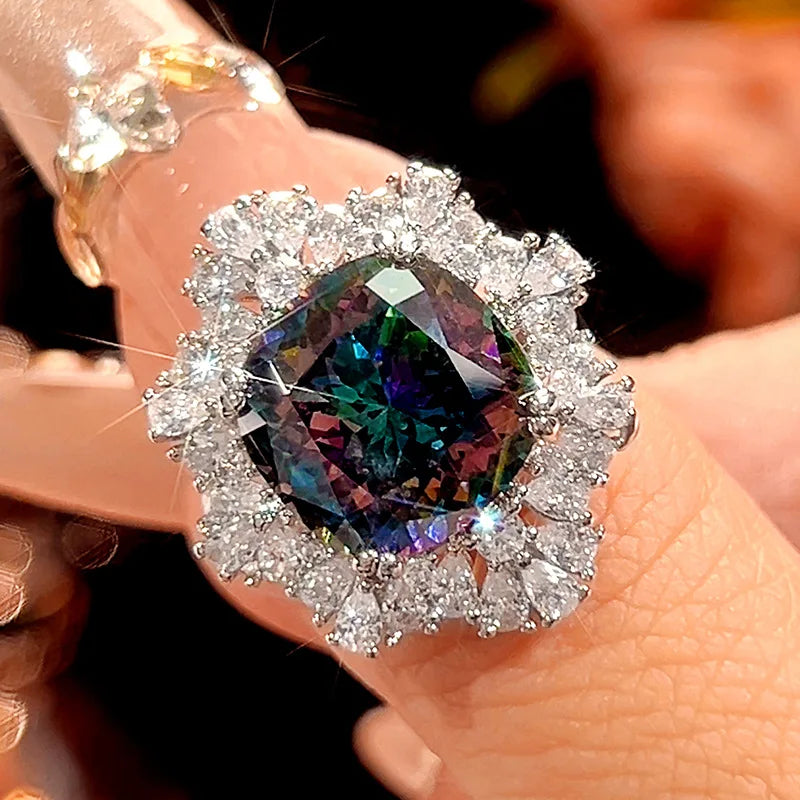 REDheart Square Full Zircon Rhodium Movable Opening Ring Simulation Bird's Nest Cut Seven Color Fashion Wedding Party Gift Pendant Set