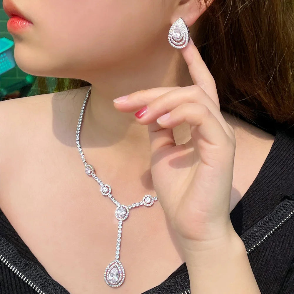 Top Quality Water Drop Emerald Green Cubic Zirconia Women Jewelry Set for Wedding Party Bridesmaid Gift Engagement Accessories