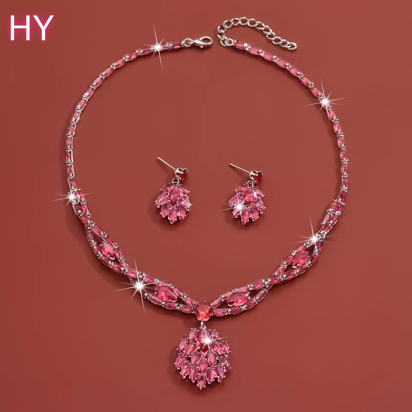 HY  Handmade Zircon Luxury Necklace Earring Set, Fashionable Water Droplet Pendant Jewelry