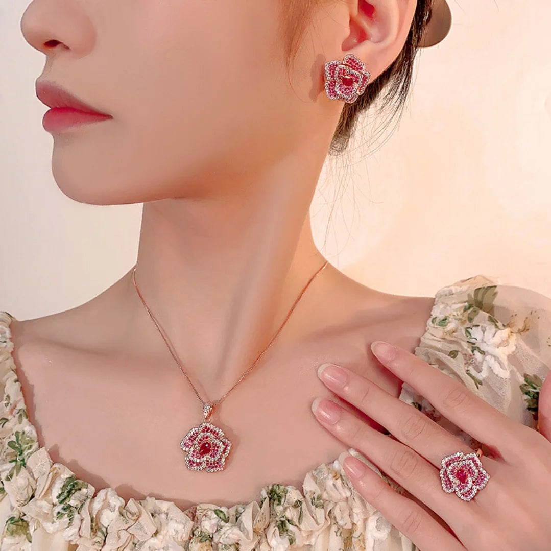 S&S Rose Gold Plated Pavé Red Zircon Floral Jewellery Set – Collection