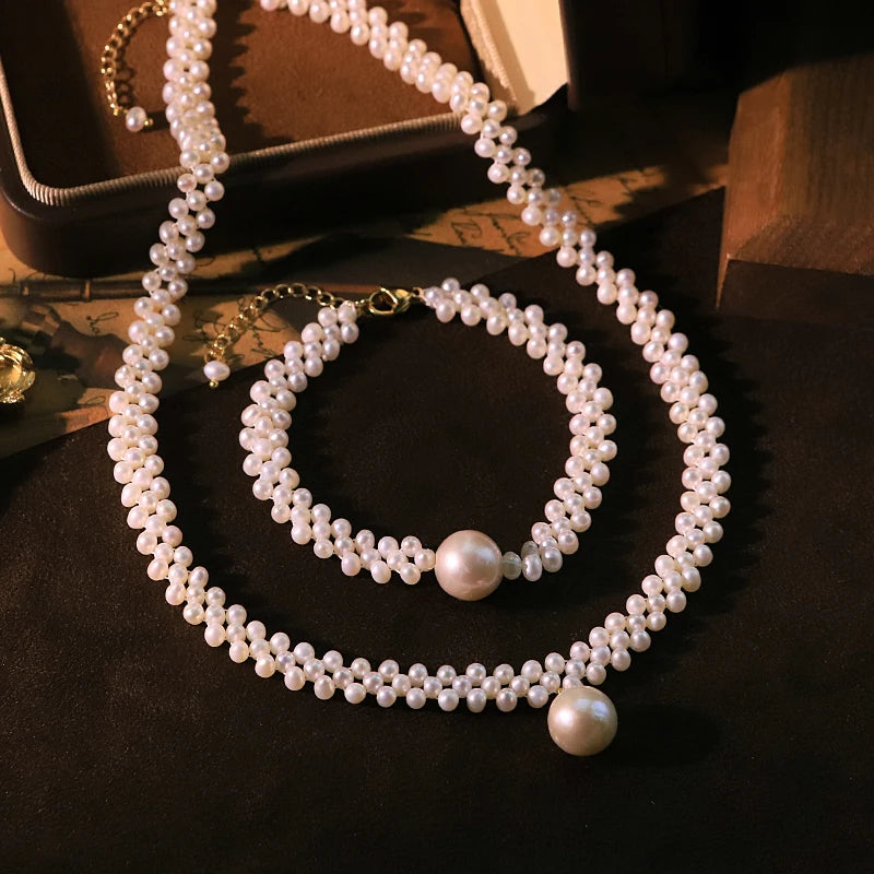 Natural Freshwater Pearl Braided Bracelet Necklace Set Handmade Design Set for Banquet Wedding Women's Jewelry GS0230
