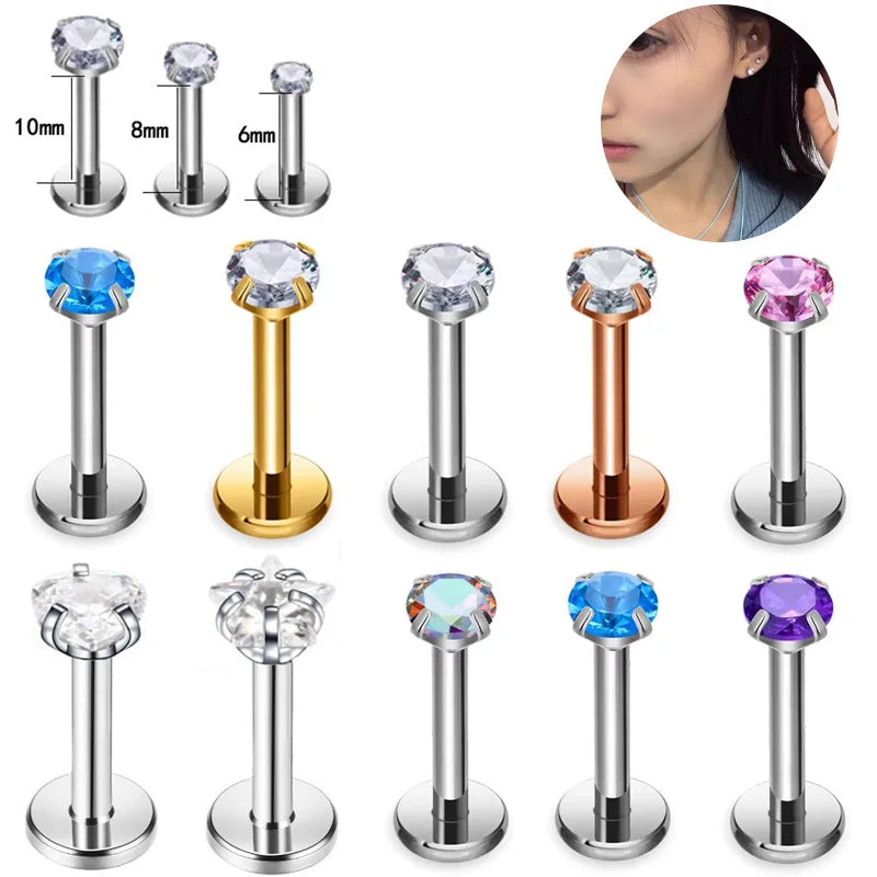 Youkeen G23 Titanium Piercing Earrings CZ Top Astm F136 Titanium Jewelry Long Thread  Top  Nose Rings Labret Helix Ear Stud