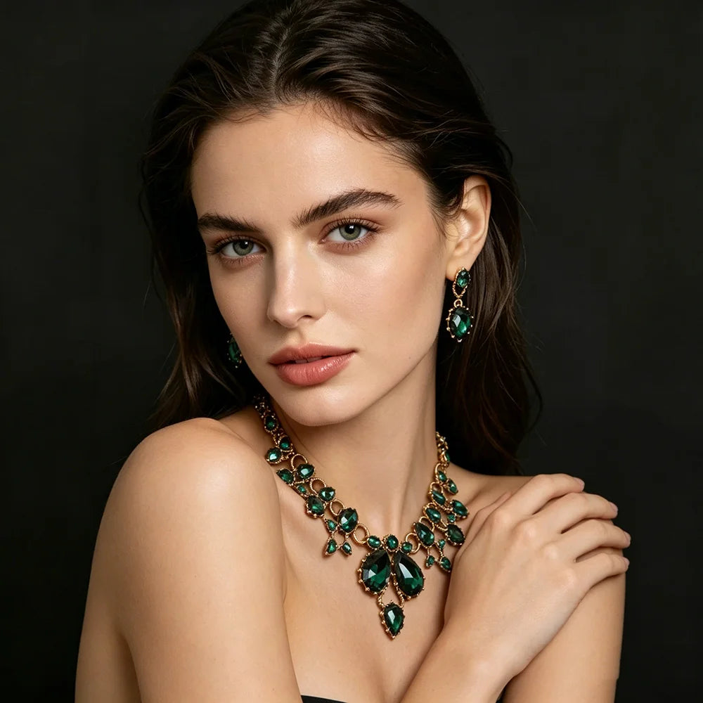 XM S394 Gold Plated Marquise Topaz Sparkling Floral Necklace & Earrings Bridal Set