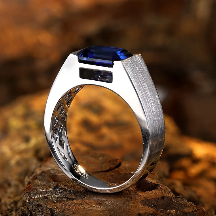 Gemfiori Classic 925 Sterling Silver Men's Ring Lab Created Sapphire Ring 3.51ct Emerald Cut Shape Main Stone for Gift Party Anniversary