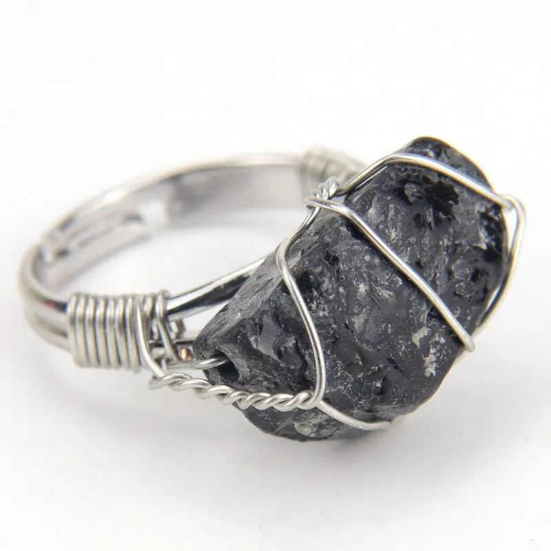 Men Women Large Stone Rings Wire Wrapped Crystal Resizable Gem Ring
