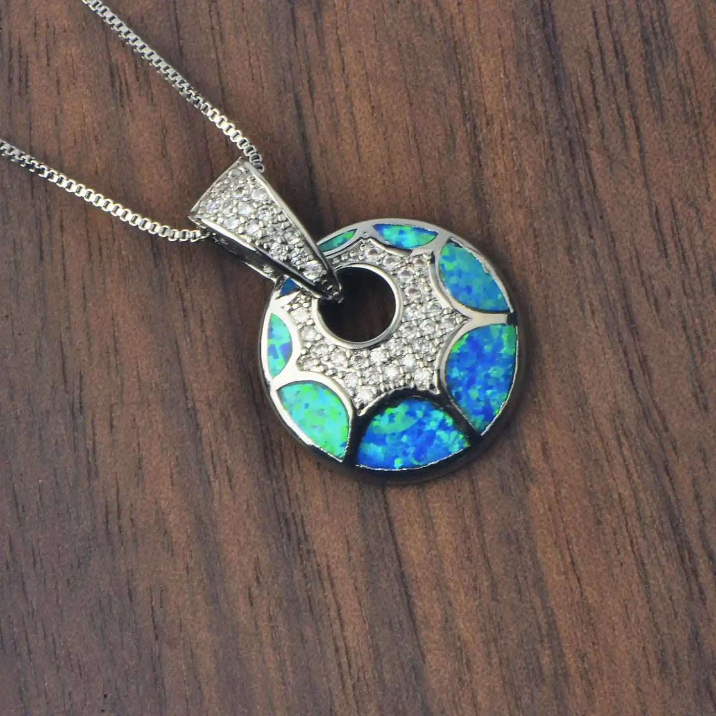 Artisan Blue Opal Pendant - Silver Plated Round Hollow CZ-Embedded Jewelry for Women Wholesale