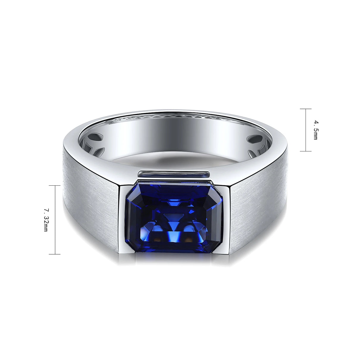Gemfiori High Quality Silver Emerald Cut Shape Lab Grown Blue Sapphire Gemstone 3.51CT Classic Style Men Rings Wedding Jewelry Ring