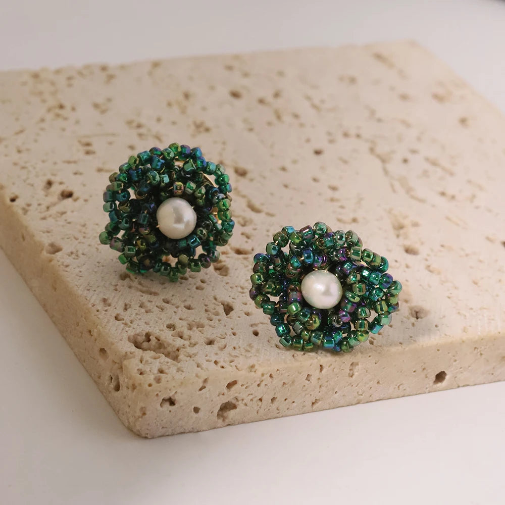 Natural Freshwater Pearl Green Glass Earrings Earring for Woman Korean Fashion Style Vintage Personality Lady Jewelry