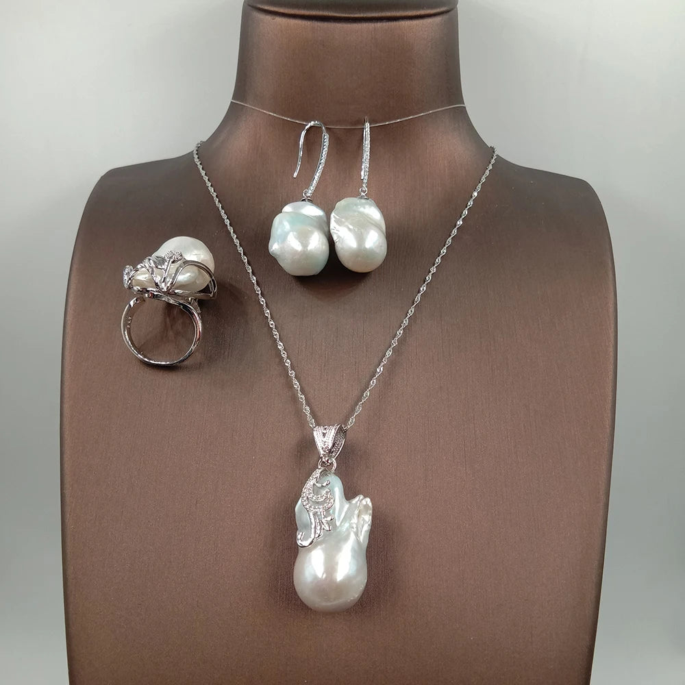 Fashion Choker Jewelry Set 925 Silver Big Baroque Freshwater Pearl ,100% Natural Gold Plated Wedding Party WOMEN'S Gift Unisex