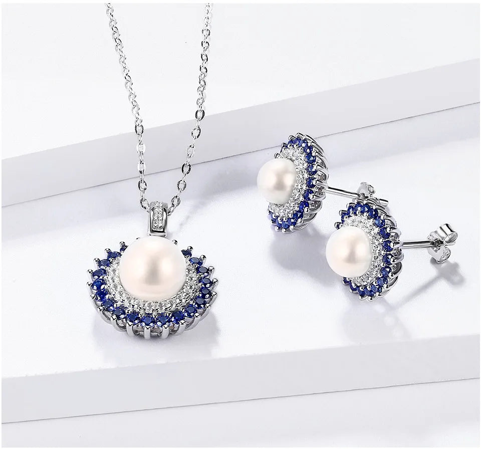 925 Sterling Silver Natural Pearl Jewelry Sets for Women Freshwater Pearl Stud Earrings and  Pearls Sapphire Pendant