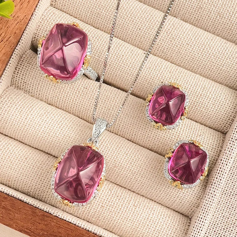 Gemfiori 2025 New High Quality Shining Jewelry Brown Sugar Tower Fresh Sweet Pendant Set Bridal Wedding Engagement Set