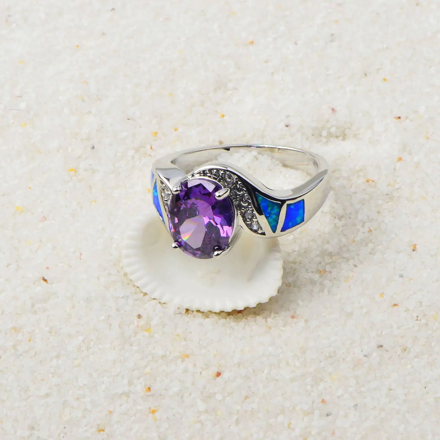 Statement Purple Gemstone & Blue Opal Ring | Zircon-Accented  Band | Luxury Fashion Jewelry for Women Men