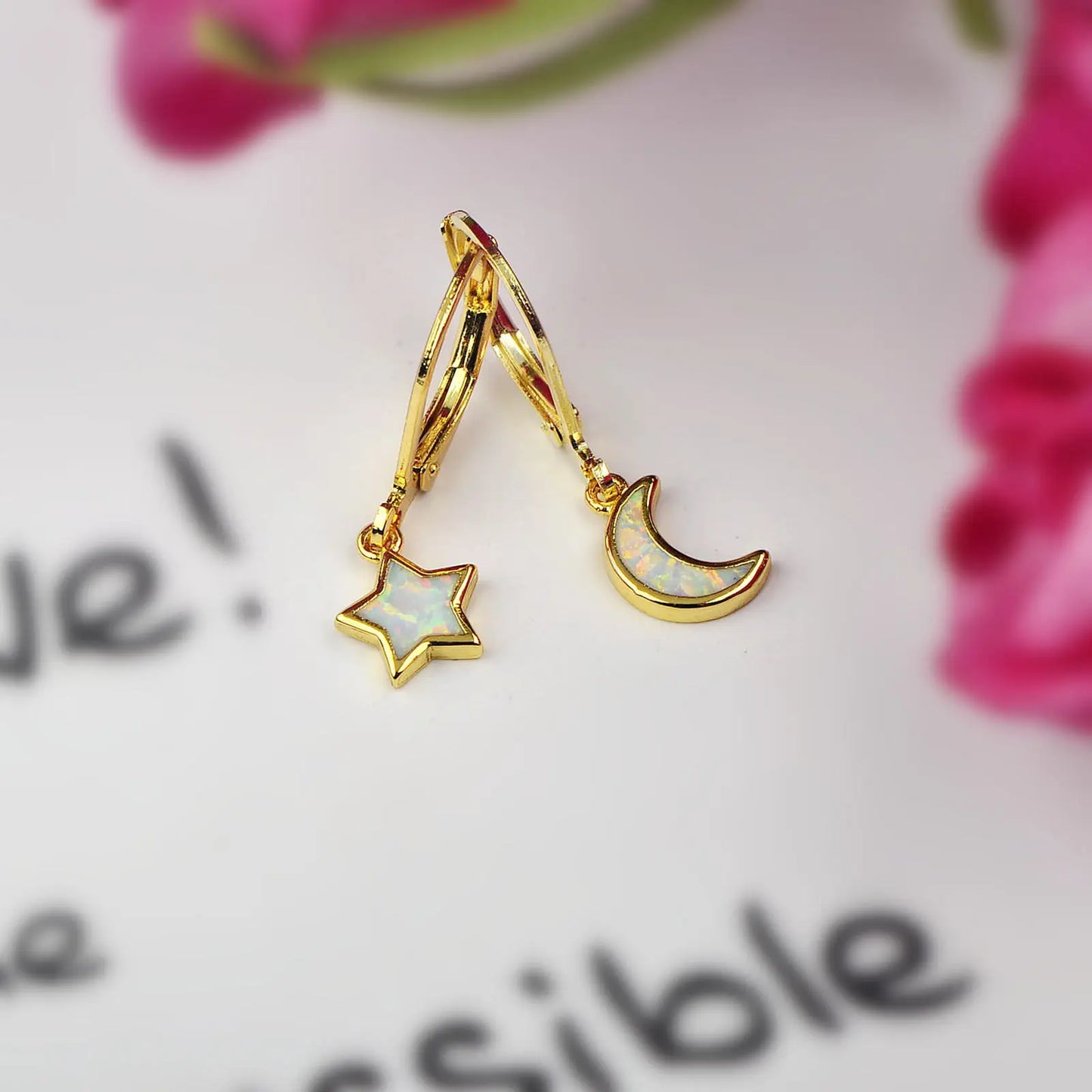 Wish Trending Star Moon Brass Christian Bohemian Style Dainty White Opal Pendant Earrings for Women