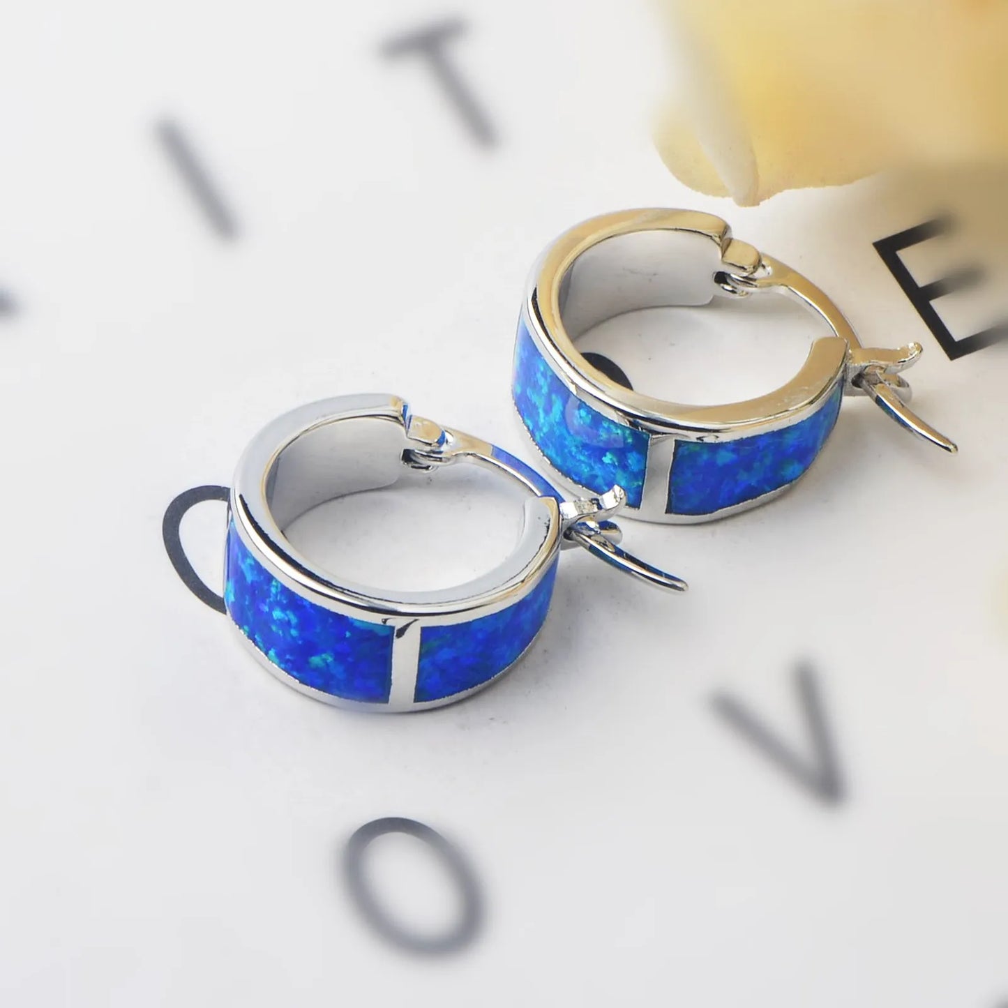 Sleek Curved Opal Huggie Earrings - Blue Fire Opal Inlaid Arc Design | Minimalist Daily Jewelry Bulk Gifts