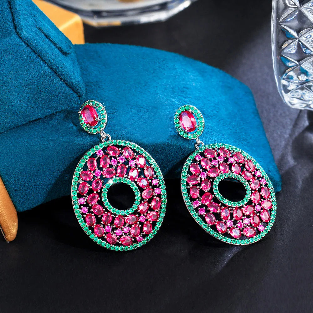S&S Red & Green Oval CZ Big Dangle Drop Earrings – Black Gun Plated – Collection