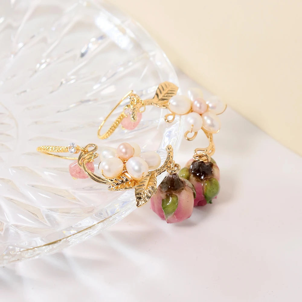Natural Freshwater Pearl Drop Gel Flower Earrings Korean Style Women Luxury Jewelry Fashion Ladies and Girls Gift GE1524