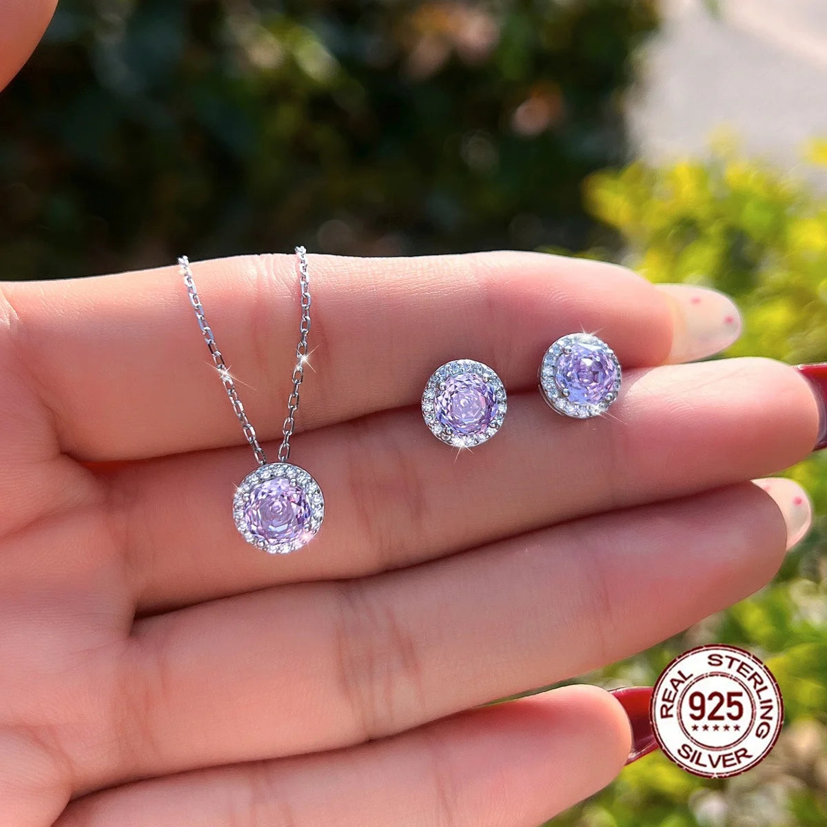 S925 Solid Silver Charming Rose Flower CZ Purple Round Pendant Necklace and Earring Jewelry Set for Ladies Fine Jewelry
