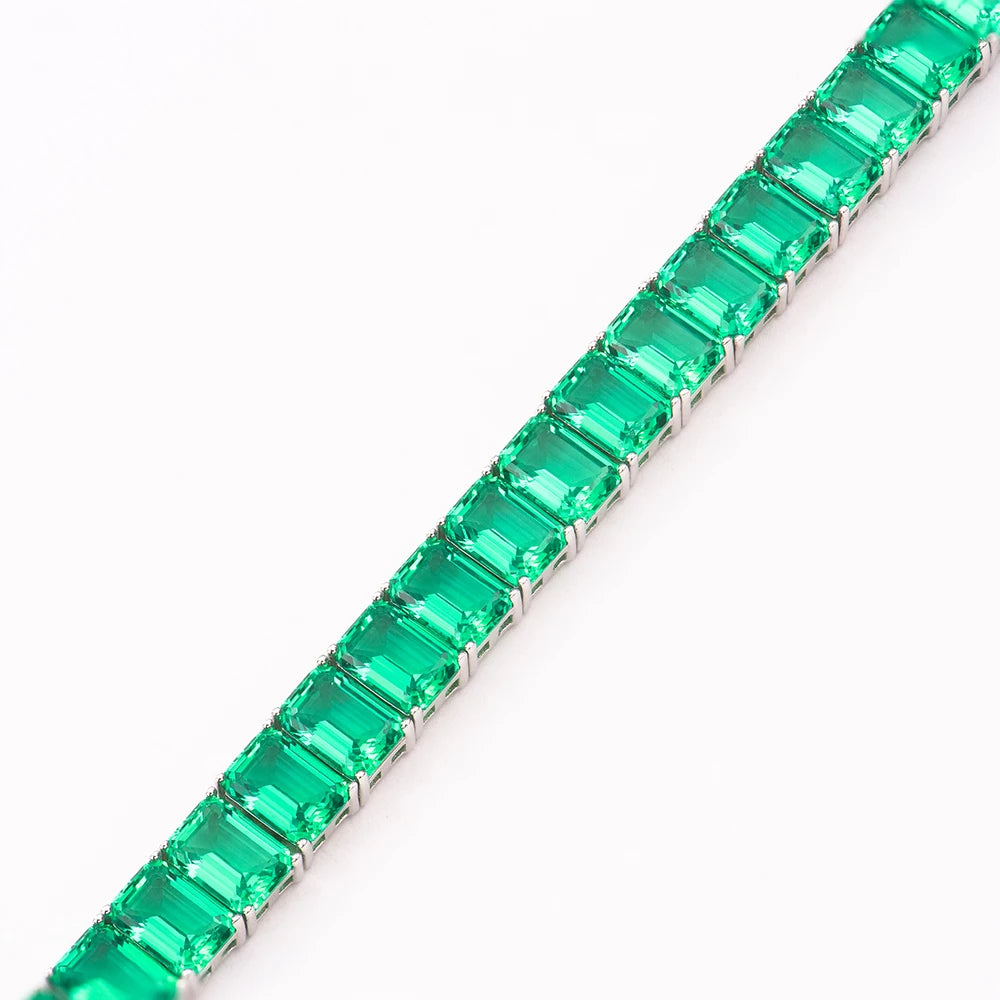 Custom 925 Sterling Silver 5x7mm Cluster Lab Grown Emerald Green Gemstone Columbian Unisex Tennis Link Chain Bracelet